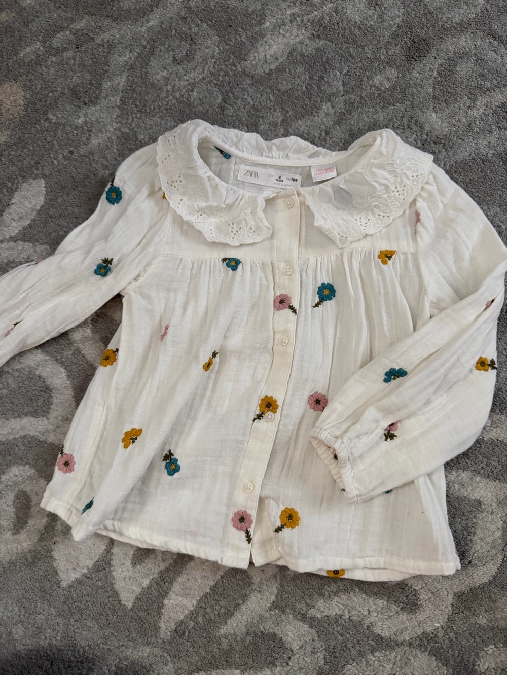 Girls Zara White Long-Sleeve Blouse with Multicolor Floral Embroidery